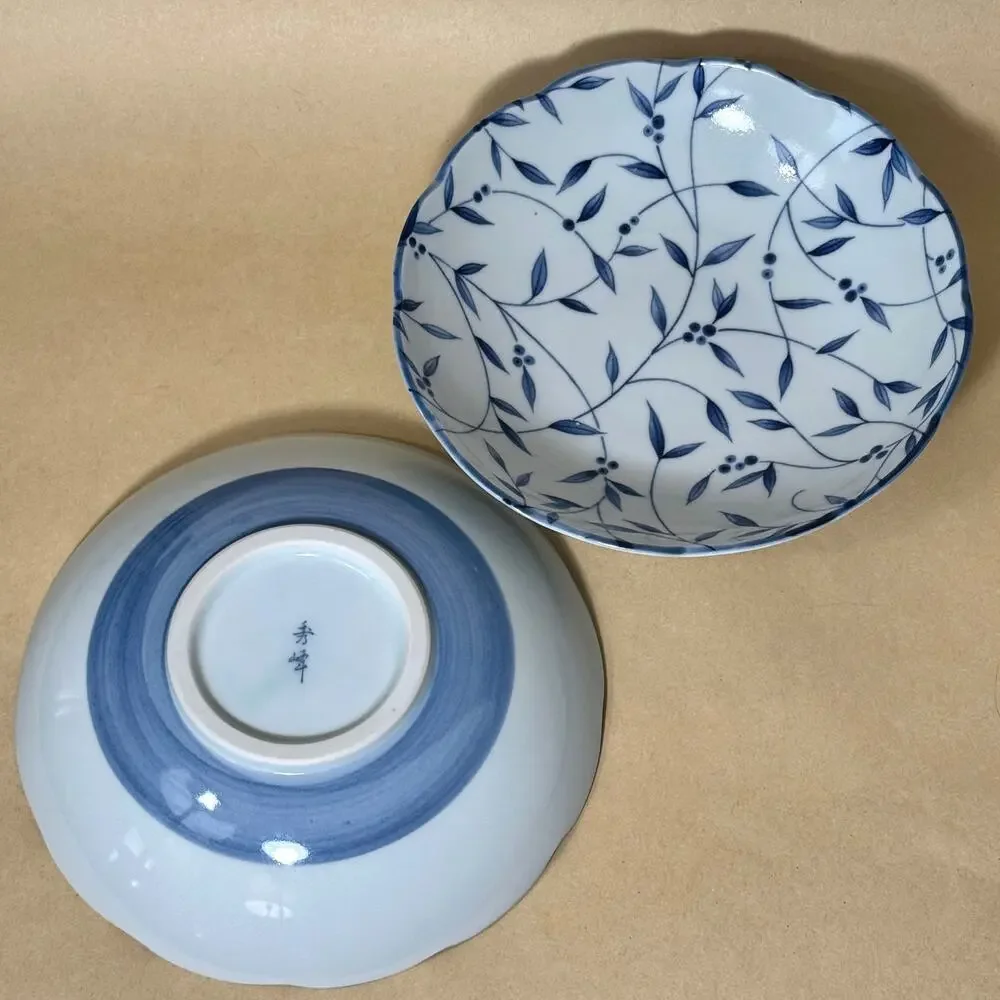 Vintage Japanese Blue and White Porcelain Floral Vine Bowls, Marked (Set of 2)